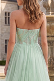 Sage Green Strapless Sequins A-Line Tulle High Low Hem Long Prom Dress