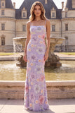 Lilac Mermaid Spaghetti Straps Floral Long Prom Dress with Sequins
