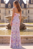 Lilac Mermaid Spaghetti Straps Floral Long Prom Dress with Sequins