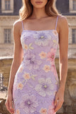 Lilac Mermaid Spaghetti Straps Floral Long Prom Dress with Sequins