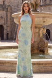 Sage Green Mermaid High Neck Floral Sequins Backless Long Prom Dress