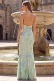 Sage Green Mermaid High Neck Floral Sequins Backless Long Prom Dress