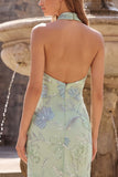 Sage Green Mermaid High Neck Floral Sequins Backless Long Prom Dress
