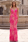 Fuchsia Mermaid Floral Embroidery Spaghetti Straps Long Prom Dress with Beading