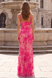 Fuchsia Mermaid Floral Embroidery Spaghetti Straps Long Prom Dress with Beading