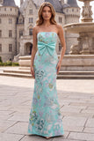 Mint Green Mermaid Floral Embroidery Strapless Long Prom Dress with Satin Bow