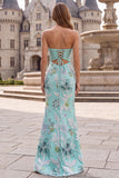 Mint Green Mermaid Floral Embroidery Strapless Long Prom Dress with Satin Bow