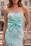 Mint Green Mermaid Floral Embroidery Strapless Long Prom Dress with Satin Bow