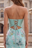 Mint Green Mermaid Floral Embroidery Strapless Long Prom Dress with Satin Bow