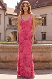 Fuchsia Mermaid Spaghetti Straps Beaded Long Prom Dress with Sequins