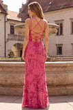 Fuchsia Mermaid Spaghetti Straps Beaded Long Prom Dress with Sequins