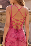 Fuchsia Mermaid Spaghetti Straps Beaded Long Prom Dress with Sequins