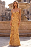 Sparkly Mermaid Sequins Spaghetti Straps Long Gold Prom Dress