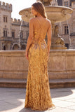 Sparkly Mermaid Sequins Spaghetti Straps Long Gold Prom Dress