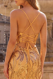 Sparkly Mermaid Sequins Spaghetti Straps Long Gold Prom Dress