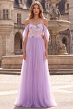 Lilac A-Line Cold Shoulder Floral Embroidery Tulle Long Prom Dress