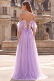 Lilac A-Line Cold Shoulder Floral Embroidery Tulle Long Prom Dress