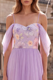 Lilac A-Line Cold Shoulder Floral Embroidery Tulle Long Prom Dress
