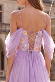 Lilac A-Line Cold Shoulder Floral Embroidery Tulle Long Prom Dress