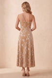 One Shoulder Champagne A-Line Velvet Long Wedding Guest Dress