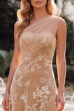 One Shoulder Champagne A-Line Velvet Long Wedding Guest Dress