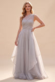 Grey One Shoulder A-Line Organza Long Mother Of The Bride Dress