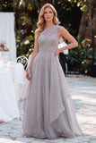 Grey One Shoulder A-Line Organza Long Mother Of The Bride Dress