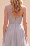 Grey One Shoulder A-Line Organza Long Mother Of The Bride Dress