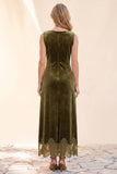 Olive Velvet A-Line Bateau Long Wedding Guest Dress with Lace