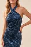 Navy Sheath Halter Velvet Long Wedding Guest Dress