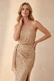 Champagne One Shoulder Beaded Rhinestone Sheath Long Wedding Guest Dress with Sash