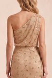 Champagne One Shoulder Beaded Rhinestone Sheath Long Wedding Guest Dress with Sash