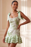 Light Green Pearl Square Neck Ruffled Short Homecoming Dress with Beading
