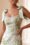 Light Green Pearl Square Neck Ruffled Short Homecoming Dress with Beading