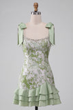 Light Green Pearl Square Neck Ruffled Short Homecoming Dress with Beading