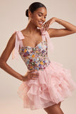 Pink A-Line Corset Tie-Bow Straps Tiered Ruffle Short Cocktail Dress