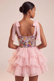 Pink A-Line Corset Tie-Bow Straps Tiered Ruffle Short Cocktail Dress