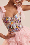 Pink A-Line Corset Tie-Bow Straps Tiered Ruffle Short Cocktail Dress