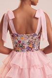 Pink A-Line Corset Tie-Bow Straps Tiered Ruffle Short Cocktail Dress