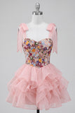 Pink A-Line Corset Tie-Bow Straps Tiered Ruffle Short Cocktail Dress
