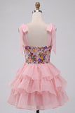 Pink A-Line Corset Tie-Bow Straps Tiered Ruffle Short Cocktail Dress