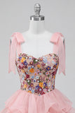 Pink A-Line Corset Tie-Bow Straps Tiered Ruffle Short Cocktail Dress