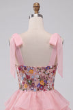 Pink A-Line Corset Tie-Bow Straps Tiered Ruffle Short Cocktail Dress