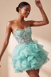 Mint Green Corset Strapless Tiered Ruffle Short Cocktail Dress with Embroidery