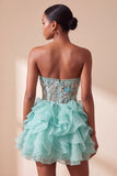Mint Green Corset Strapless Tiered Ruffle Short Cocktail Dress with Embroidery