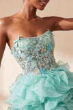 Mint Green Corset Strapless Tiered Ruffle Short Cocktail Dress with Embroidery