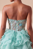 Mint Green Corset Strapless Tiered Ruffle Short Cocktail Dress with Embroidery