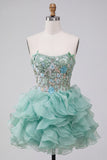Mint Green Corset Strapless Tiered Ruffle Short Cocktail Dress with Embroidery