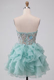 Mint Green Corset Strapless Tiered Ruffle Short Cocktail Dress with Embroidery