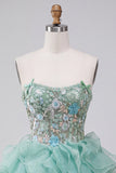 Mint Green Corset Strapless Tiered Ruffle Short Cocktail Dress with Embroidery